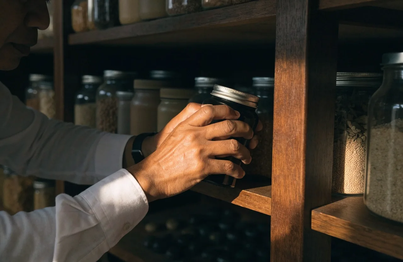 A long shelf of unbranded supplement containers and glass jars receding into deep shadow under raking sidelight