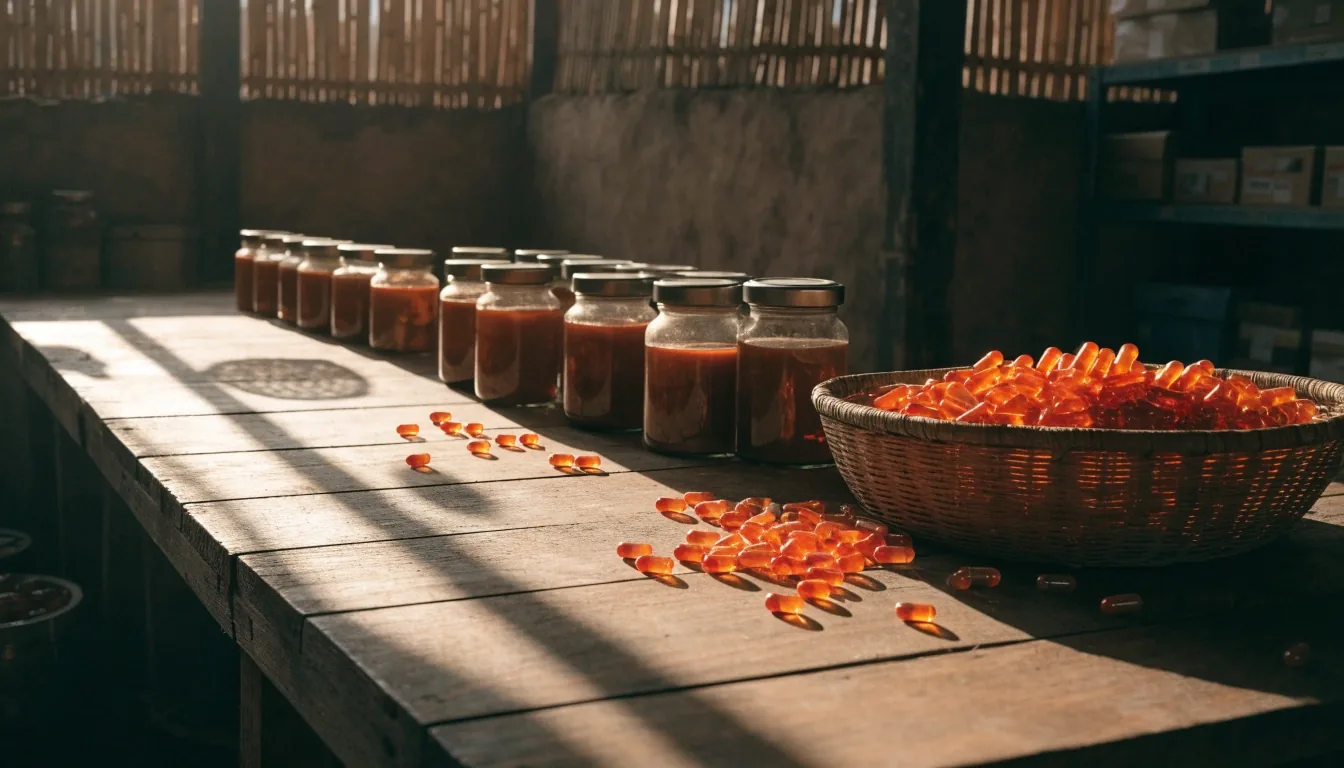 Amber glass jars on a wooden stockroom shelf lit by warm evening side light, deep shadow on the right