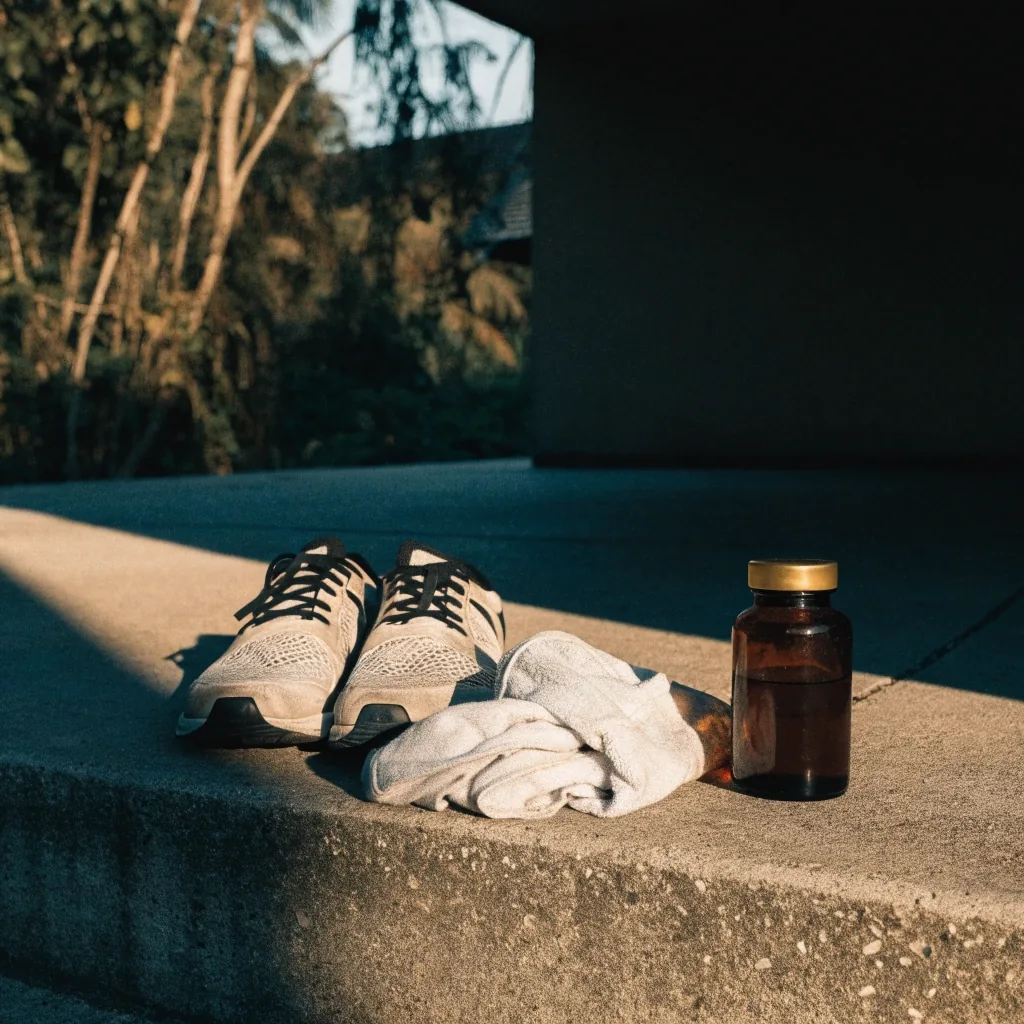 A long shelf of unbranded bottles receding into shadow in a dim storeroom