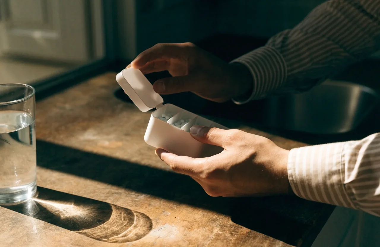 A man's hands opening a plain weekly vitamin organiser on a wooden counter beside a glass of water