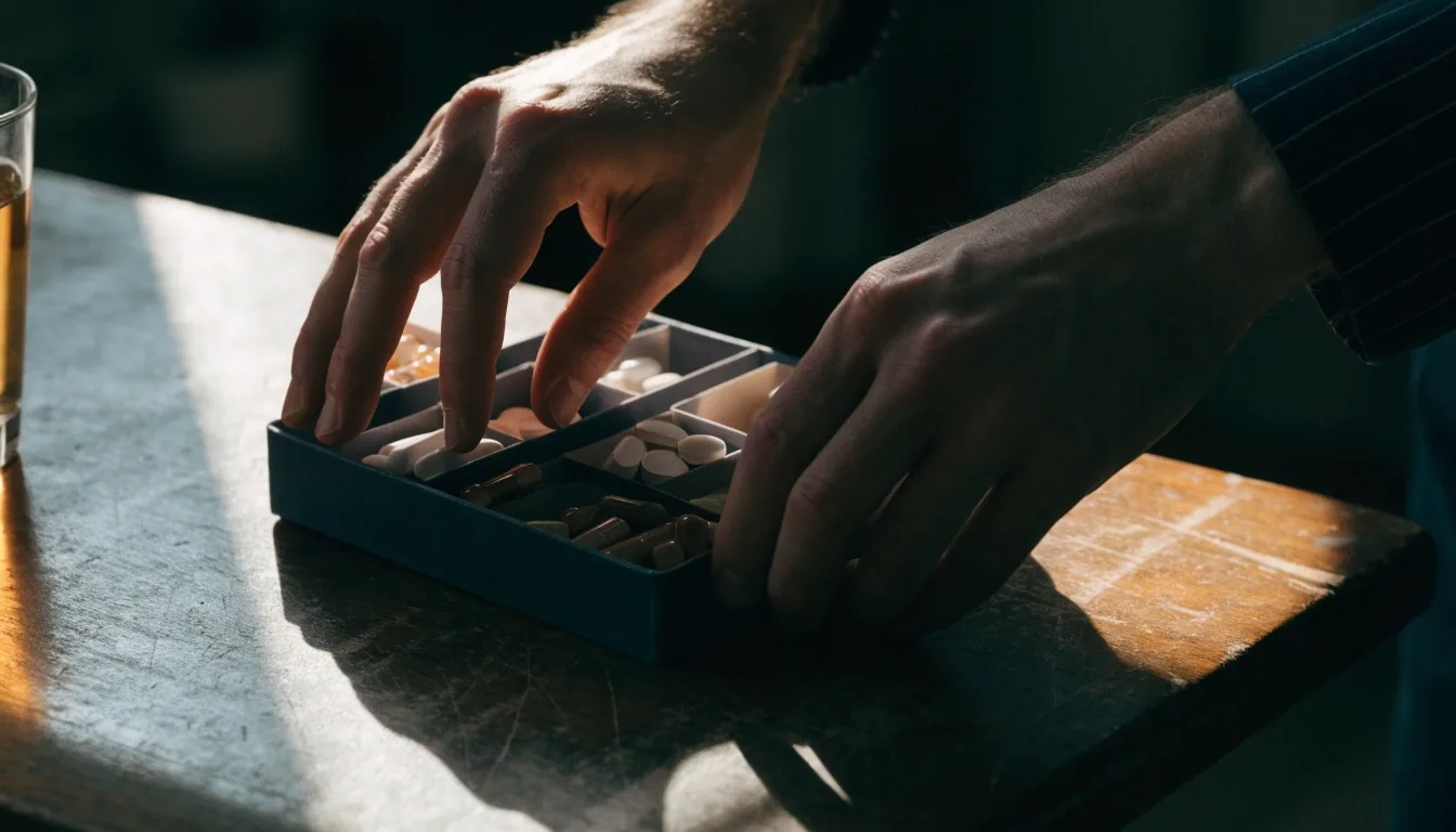 Hands opening a weekly supplement organiser on a wooden counter in warm late-day light