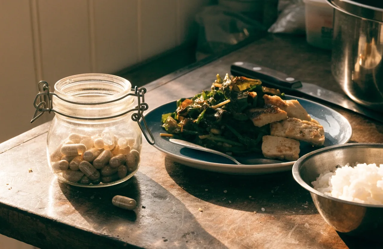 Kitchen counter with a plate of greens, tempeh, rice, and a jar of capsules