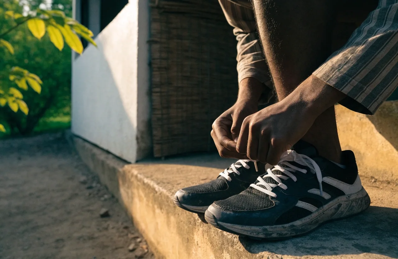 Man walking along a quiet footpath at the end of the working day