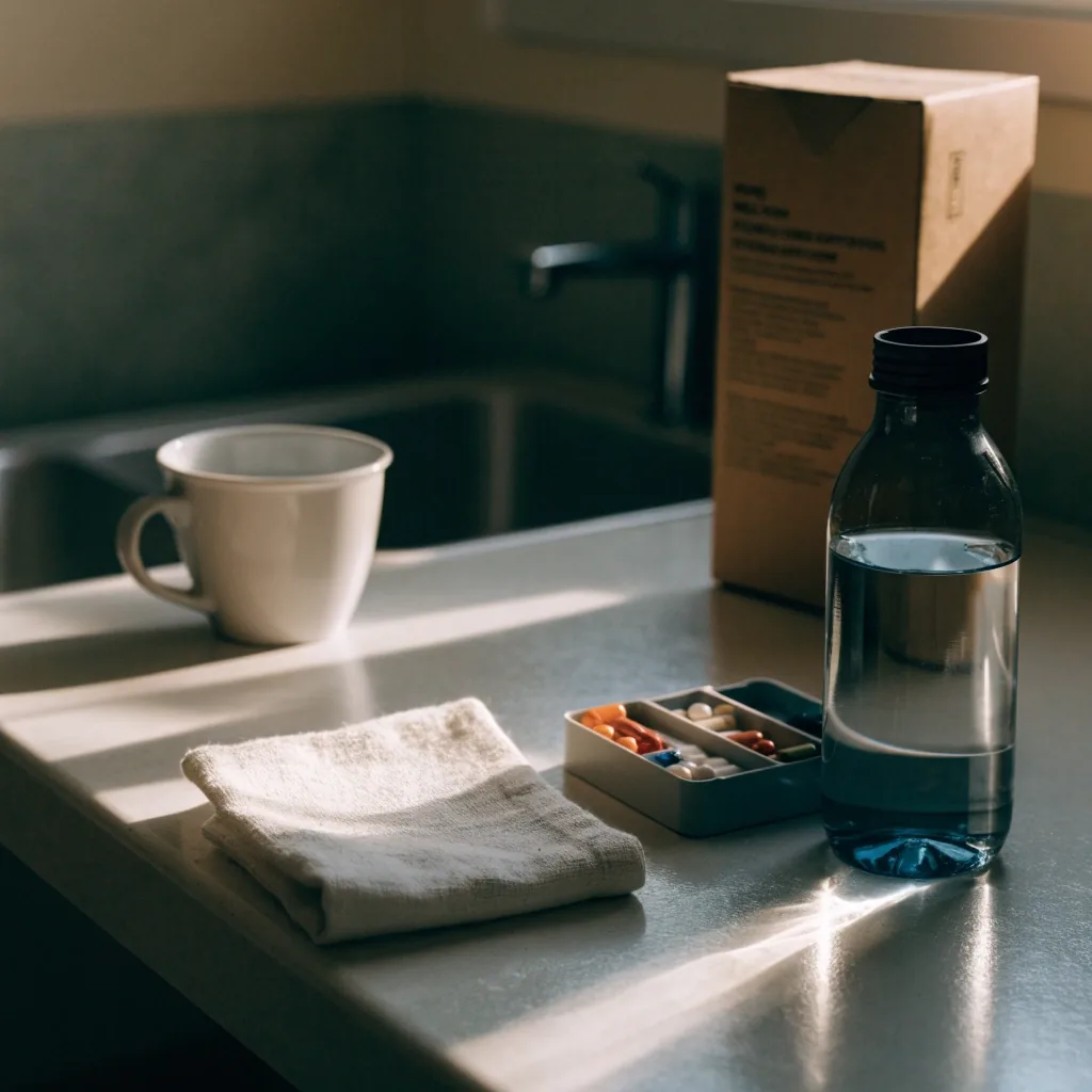 Weekly organiser and water bottle set out on a table before breakfast