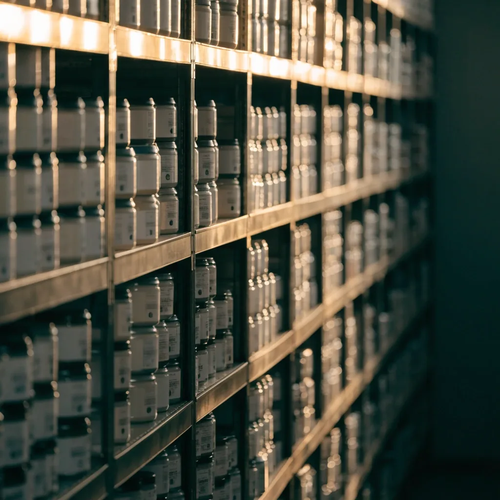 A storeroom shelf of unbranded supplement containers receding into shadow