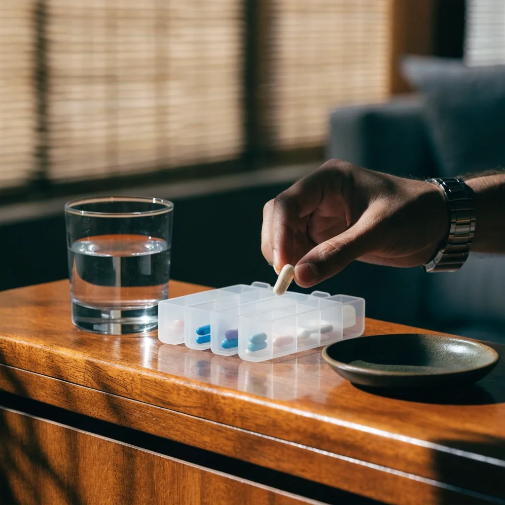 An opened weekly supplement organiser on a wooden counter beside a glass of water