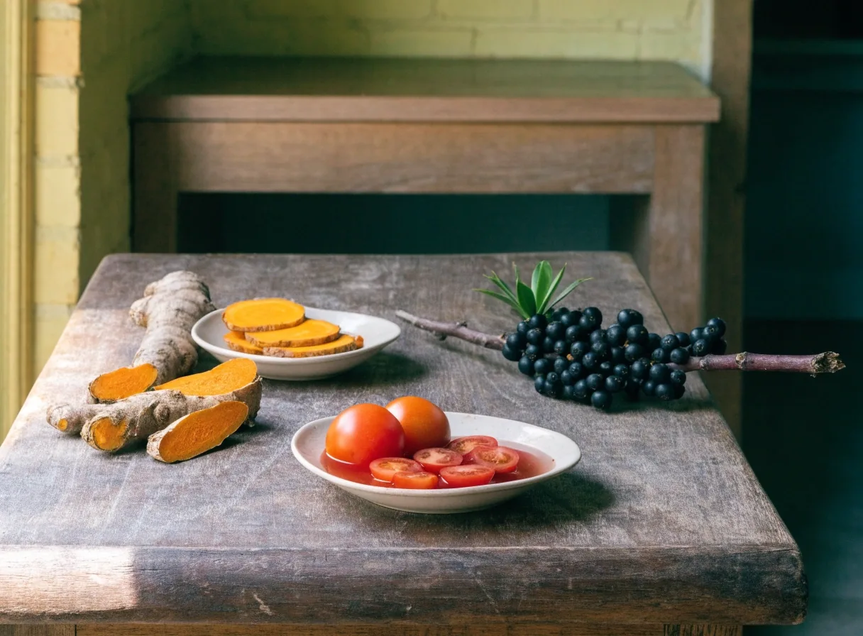 Fresh botanicals arranged flat on a matte stone slab under warm sidelight