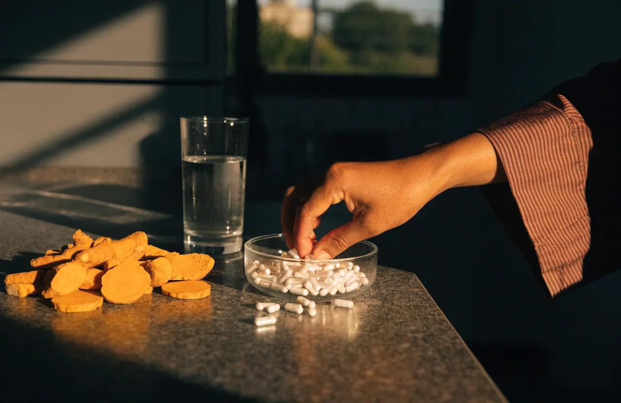 An open vitamin organiser tray with unbranded capsules and leaves on a desk beside a glass of water