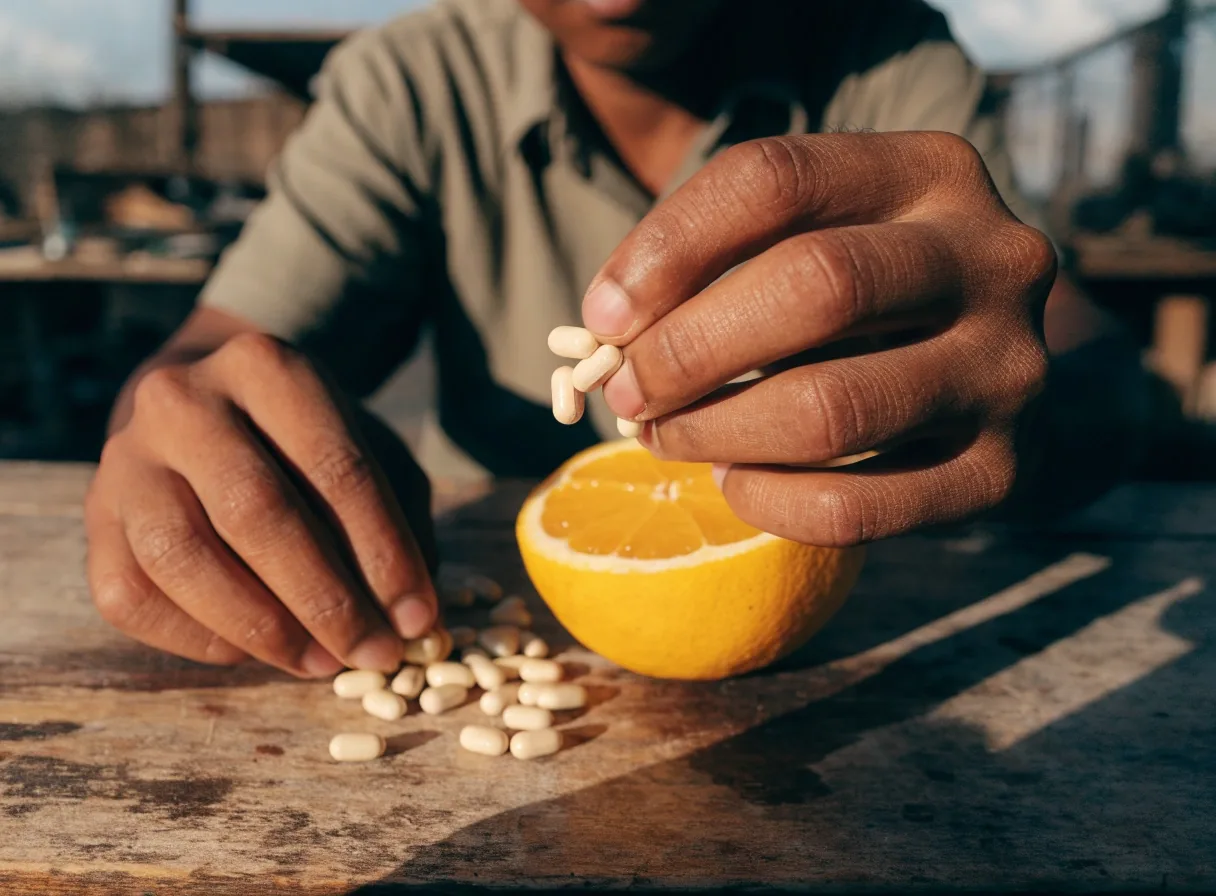 A single unbranded capsule and a cut citrus rind on matte paper under raking sidelight