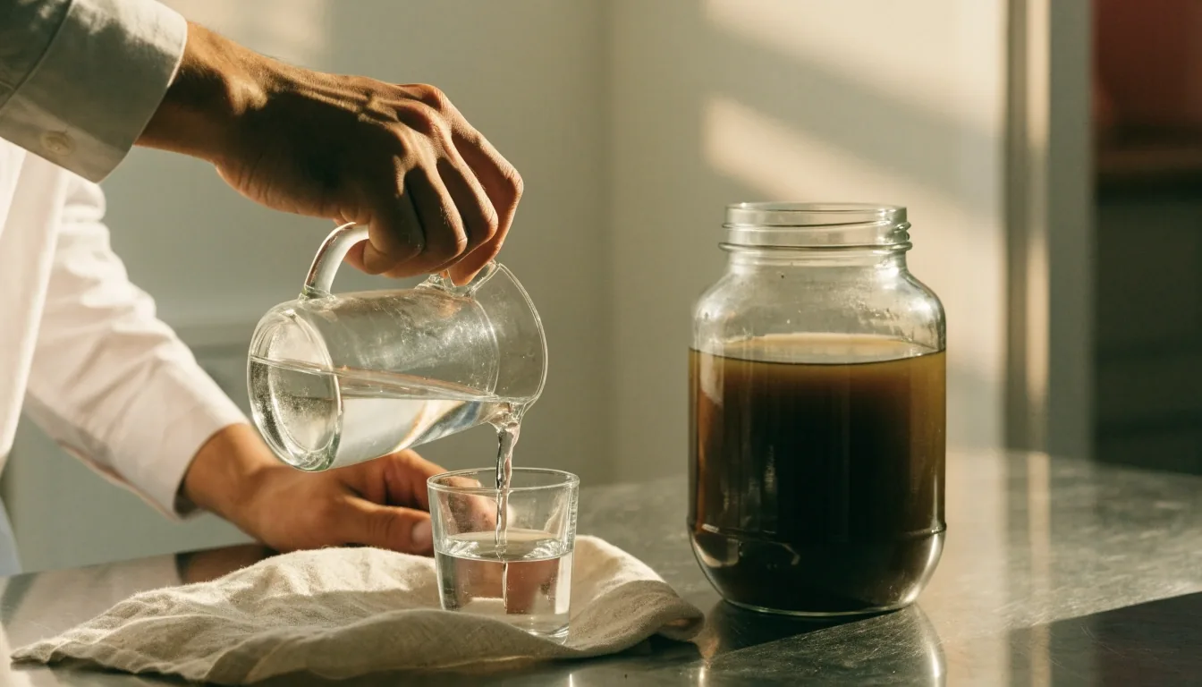 A glass jar of botanical extract and a glass of water on a counter under warm evening light