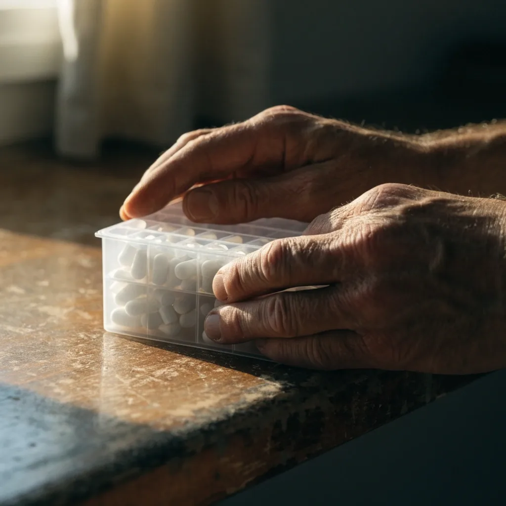 A man's hands turning an unbranded supplement organiser on a wooden counter