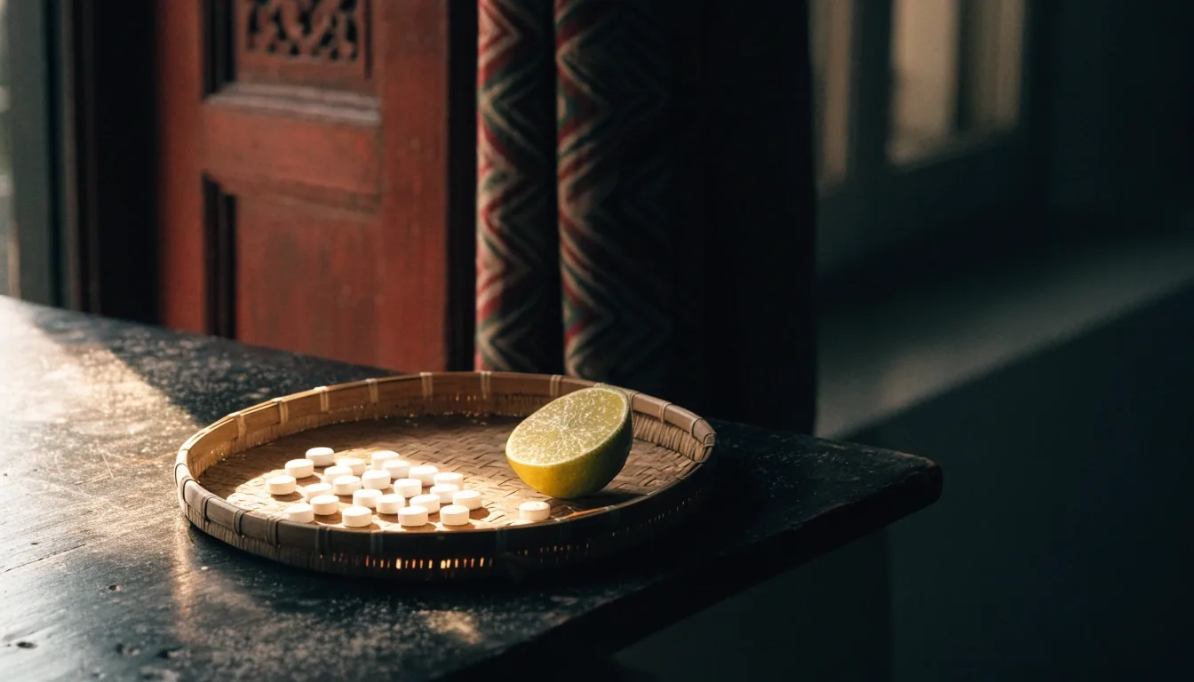 Unbranded capsules and a citrus rind on matte paper under low evening sidelight