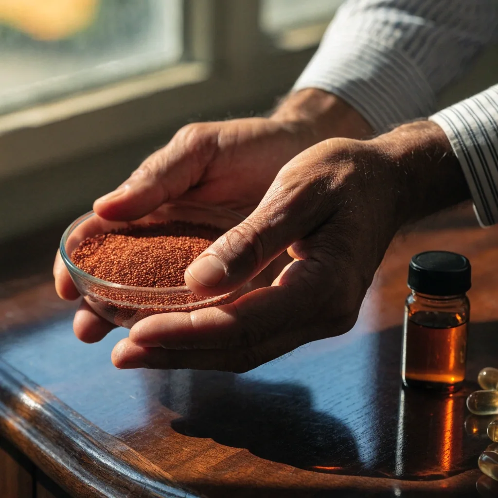 Unbranded amber jars of extract and a tray of dried seeds on a wooden bench in late light